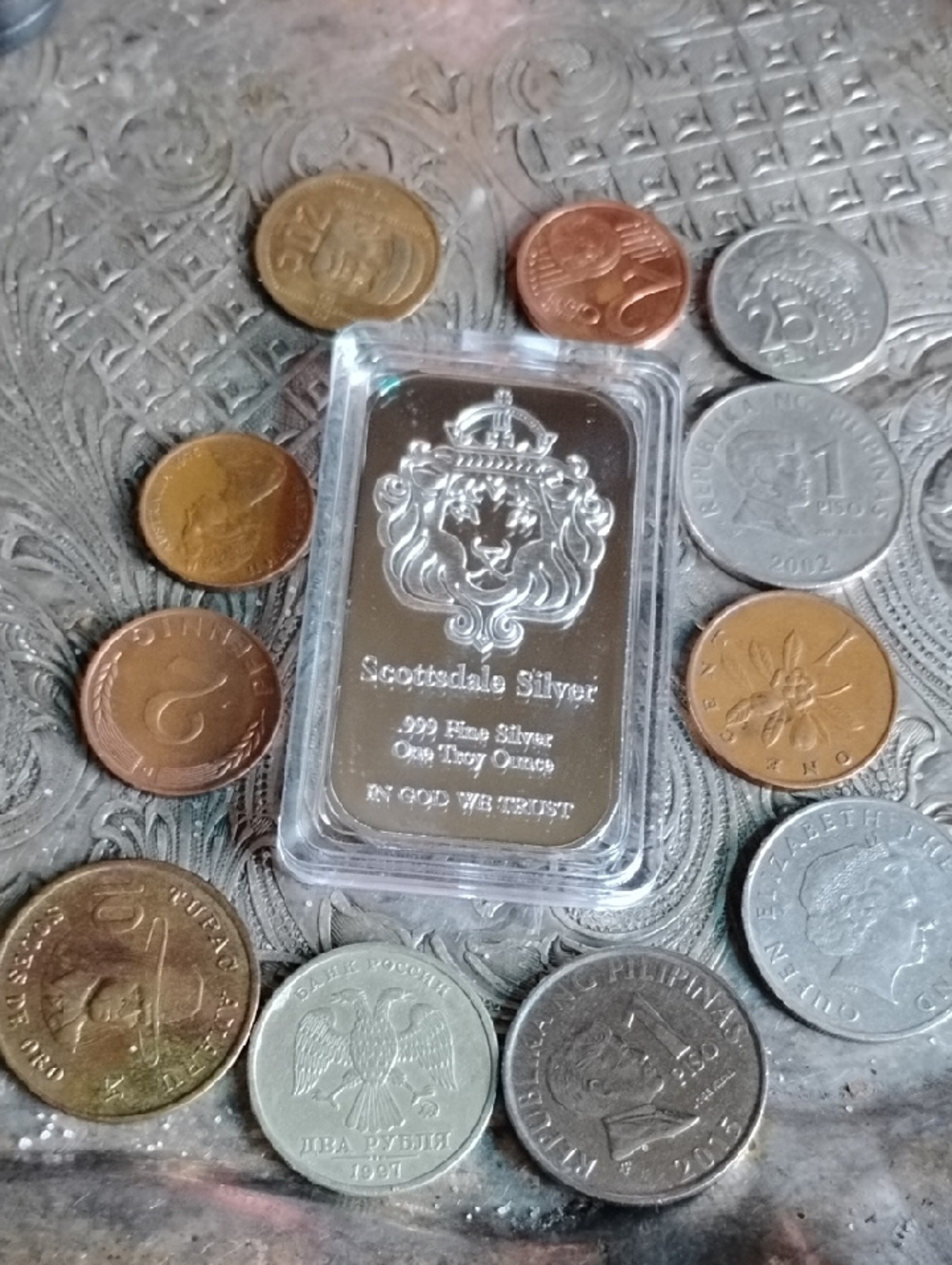 Scottsdale Silver plate 1 oz .999 Fine Silver Bar - Shiny Silver Finish& World